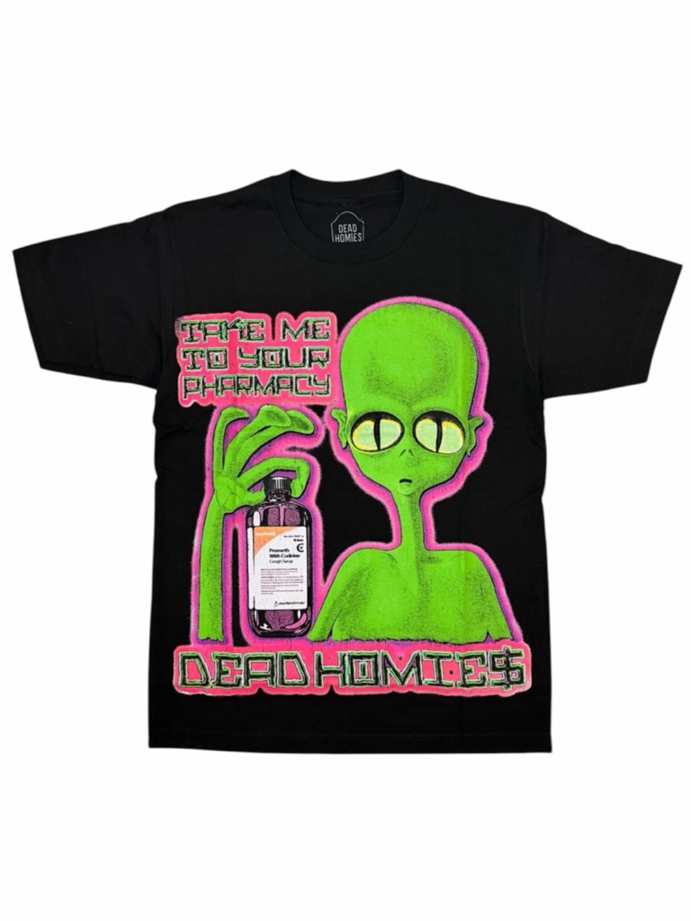 Black Short-Sleeve Tee with Neon Green Alien Graphic